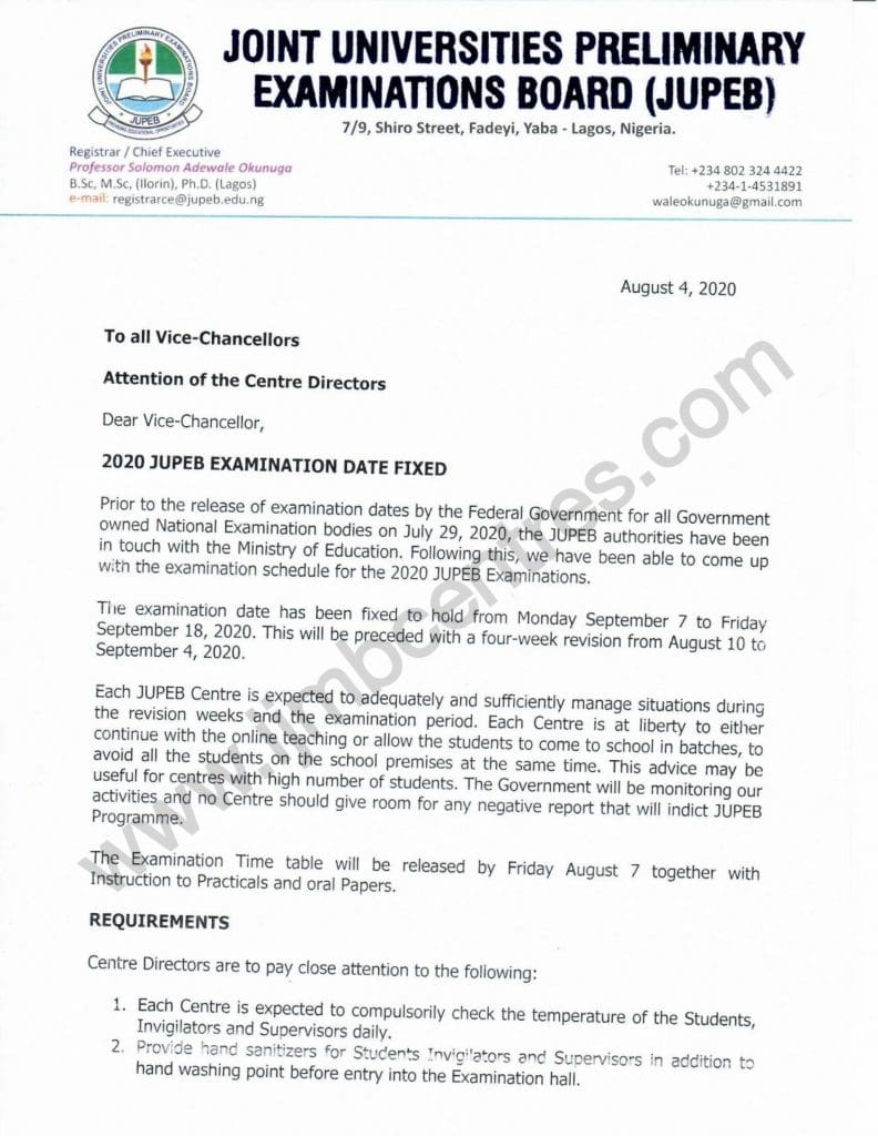 JUPEB 2020 Examination Timetable Revised Final Update | JUPEB 2022/2023 Registration Is Ongoing 3 JUPEB 2020 Exam Date