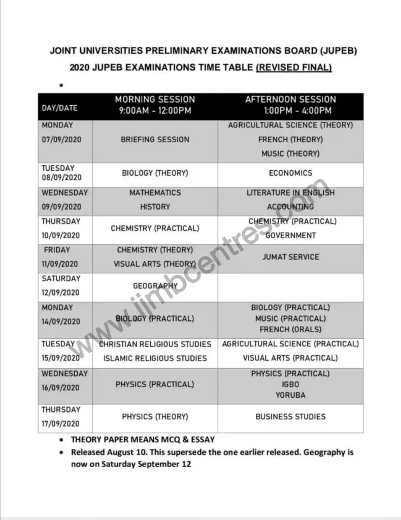 JUPEB 2020 Examination Timetable Final Update
